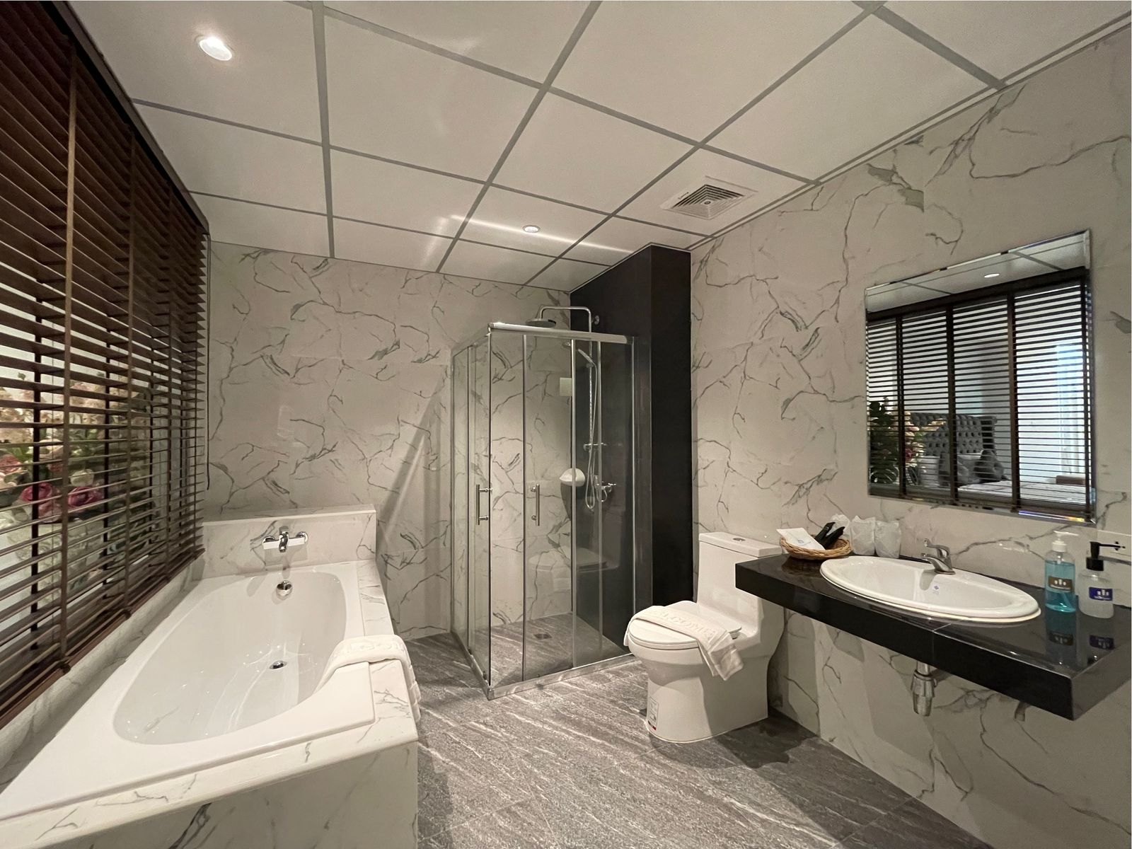 Marble bathroom with bathtub, shower and vanity