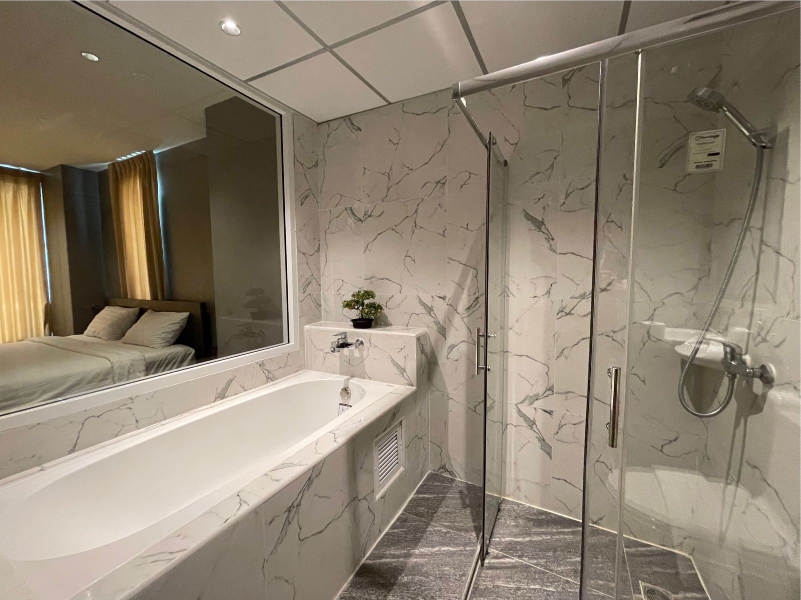 Bathtub and shower with large mirror